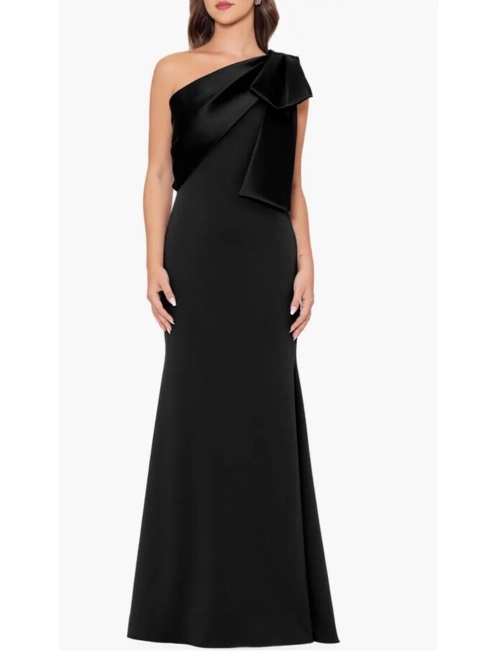 New Betsy & Adam Bow One-Shoulder Crepe Mermaid Gown In Black Sz 8 $269